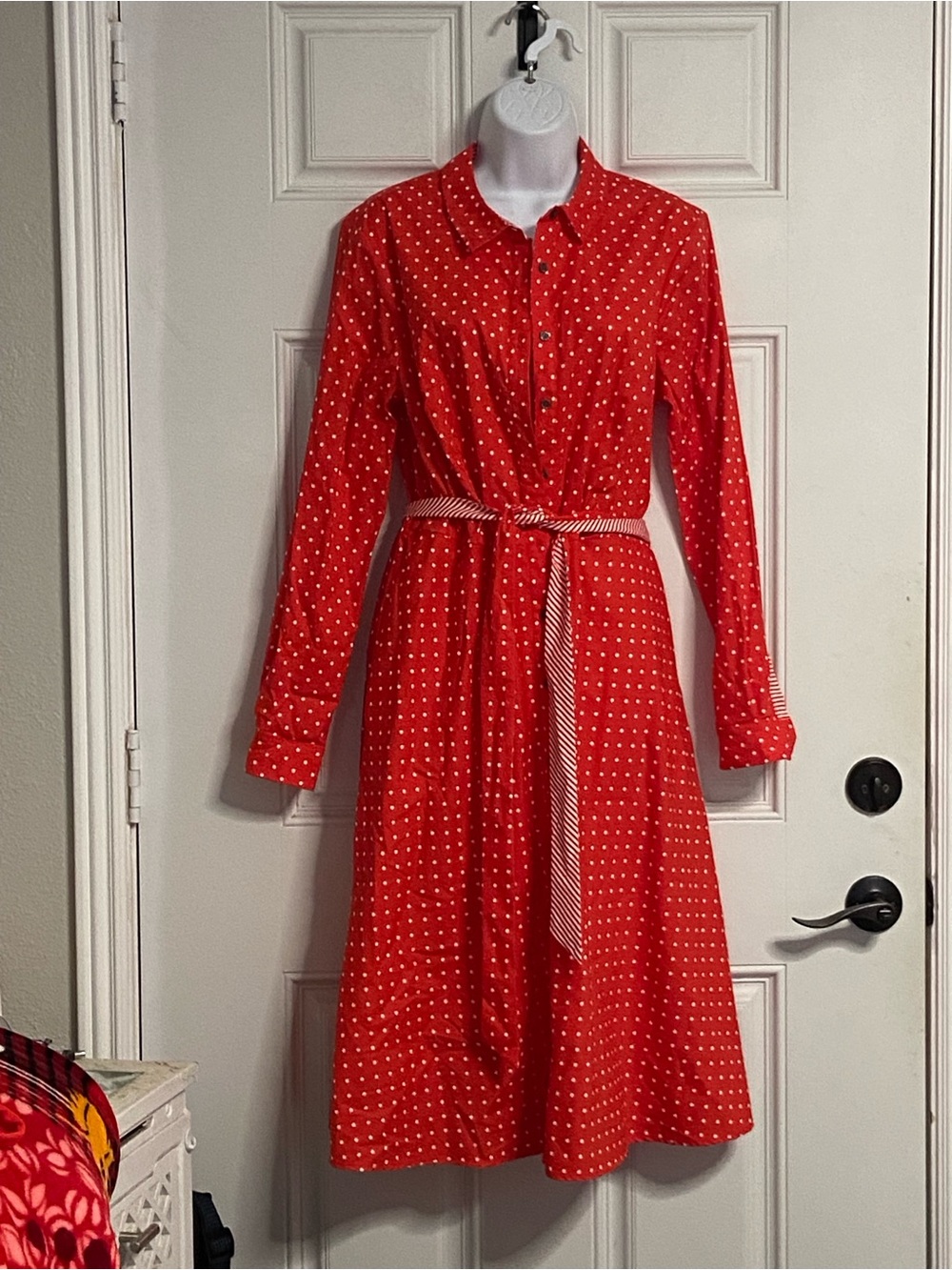 T41- BODEN Red-Orange Polka Dot Fit & Flare POSY Shirt Dress